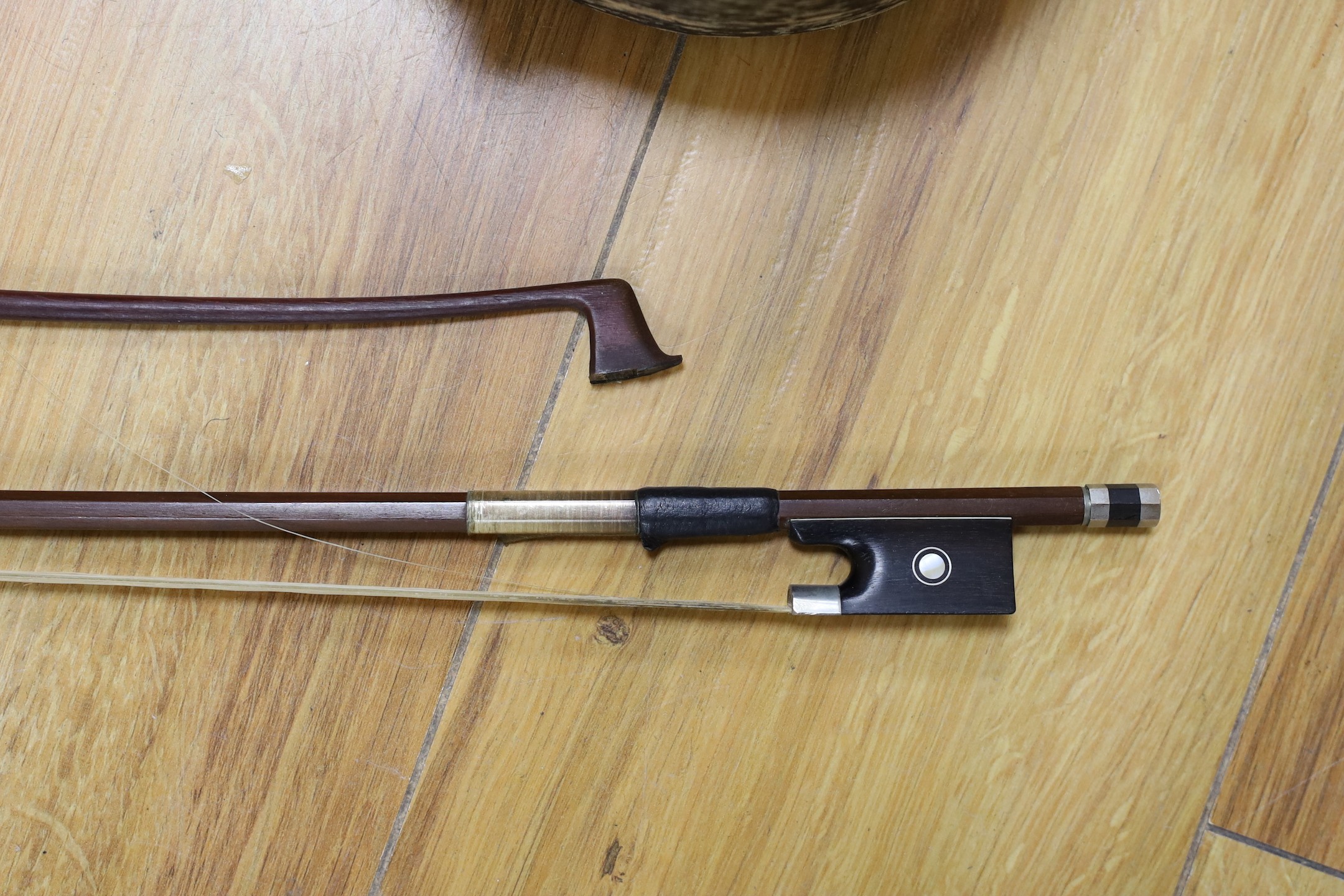 A French mid 20th century violin and one other and two bows